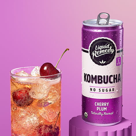 Liquid Remedy Cherry Plum Kombucha Can with Glass
