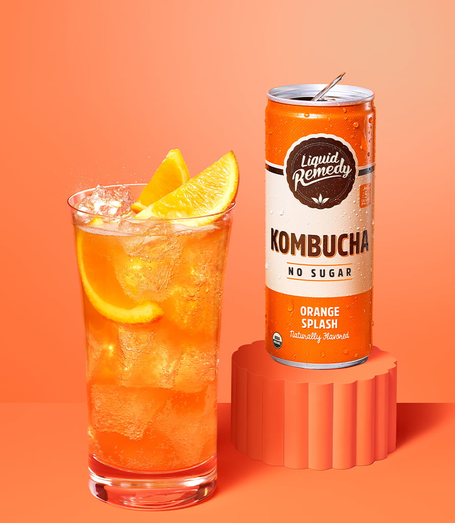 Liquid Remedy Orange Splash Kombucha Can with Glass