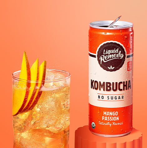 Liquid Remedy Mango Passion Kombucha Can with Glass
