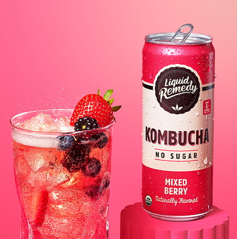 Liquid Remedy Mixed Berry Kombucha Can with Glass